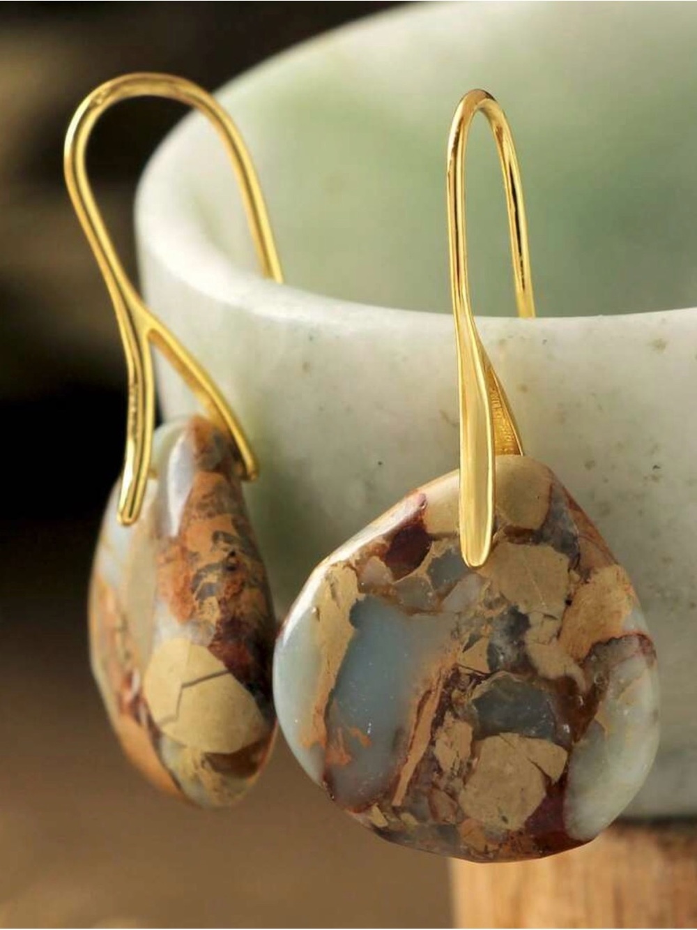 Gold-Tone Blue & Tan Natural Stone Drop Earrings - Picture 4 of 7